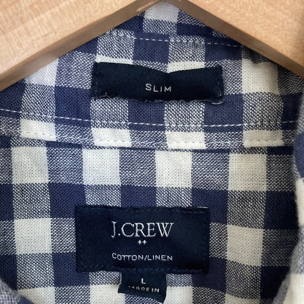 J. Crew Factory Men's Navy White Gingham Button-Down Shirt Size L Slim Linen Bld